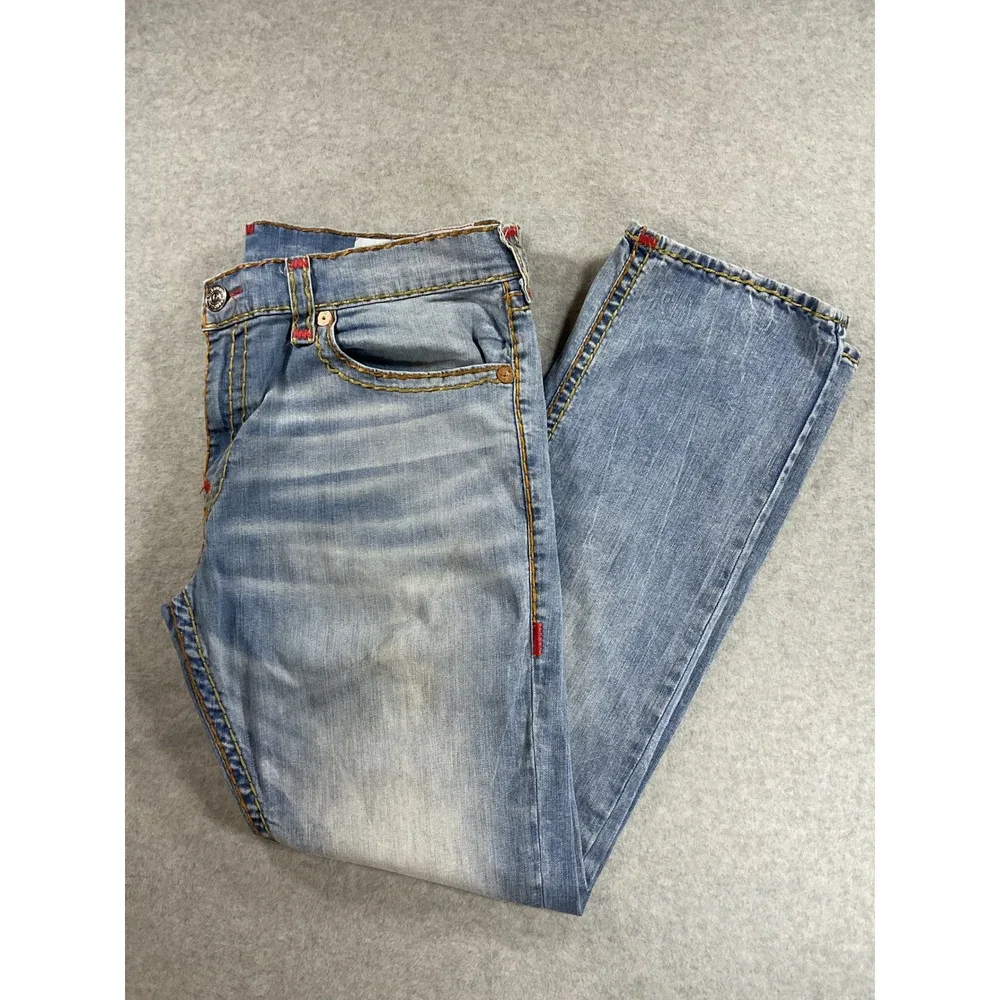 True Religion Section Straight Jeans Mens 40 Light Wash Red Stitch 1768